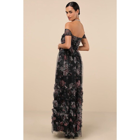 Lulus Ideal Beauty Dress Women's M Black Floral Maxi Mesh Off the Shoulder NWOT - Picture 3 of 13